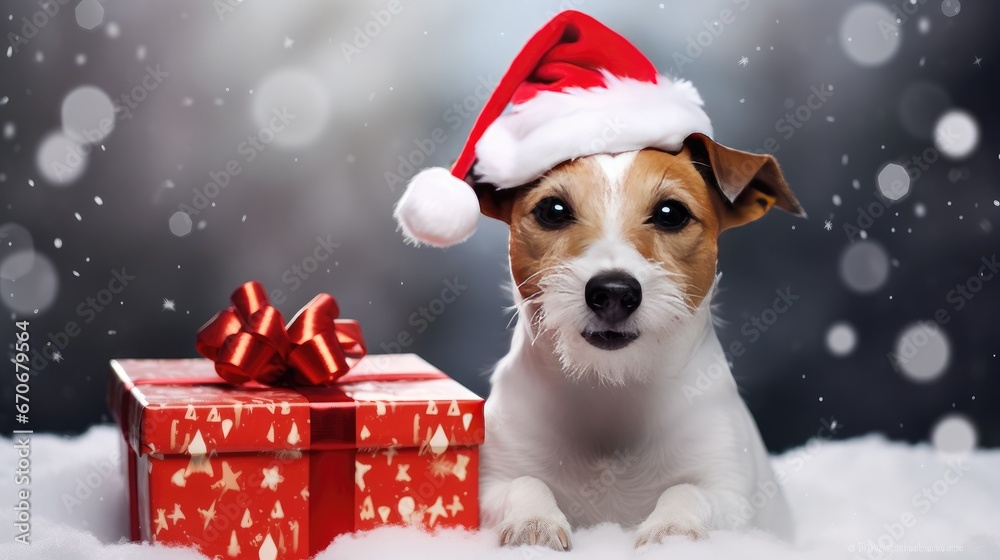 Furry Christmas Cutie: Young Parson Russell Terrier in a Santa hat next to a Christmas gift, bringing holiday cheer!