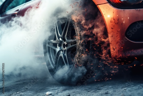 Drifting fast sports car on snowy wet road with skid, car accident, fire. Generative Ai.