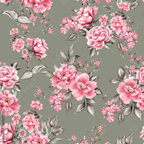 Watercolor flowers pattern, pink tropical elements, green leaves, green background, seamless © Leticia Back