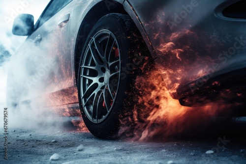 Drifting fast sports car on snowy wet road with skid, car accident, fire. Generative Ai.