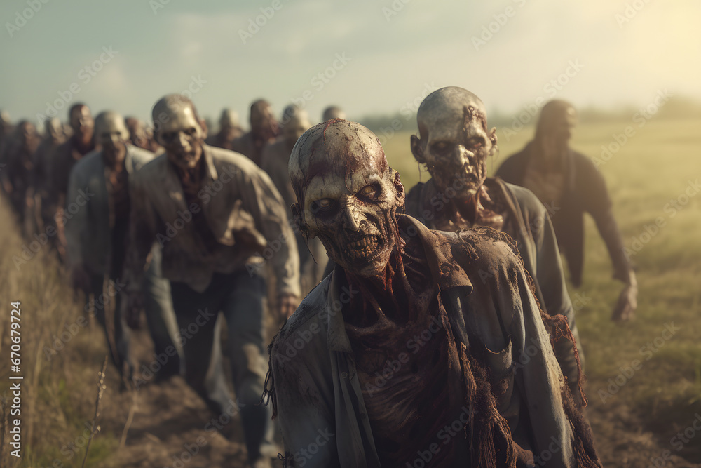 group of zombie standing in a field at summer day. Neural network generated image. Not based on any actual person, scene or pattern.