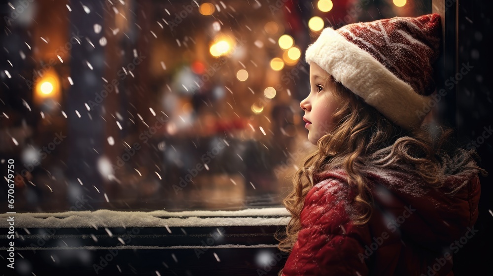 Emotional Christmas solitude: A sad child looks out the window at the enchanting night scene, deep in thought - obrazy, fototapety, plakaty 
