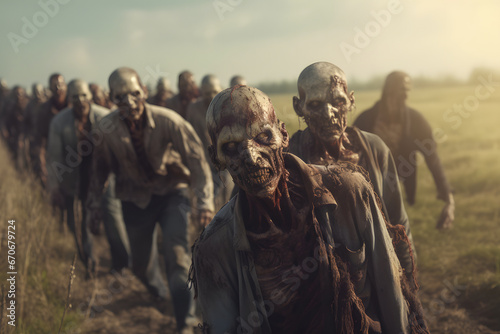 group of zombie standing in a field at summer day. Neural network generated image. Not based on any actual person, scene or pattern. © lucky pics