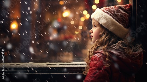 Emotional Christmas solitude: A sad child looks out the window at the enchanting night scene, deep in thought photo