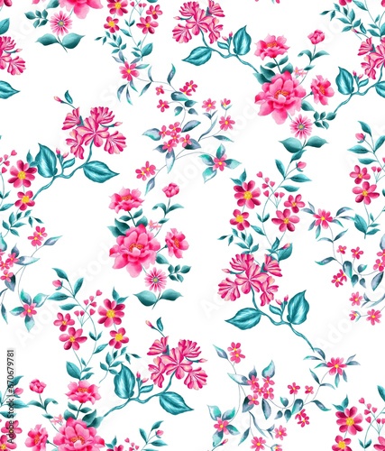 Watercolor flowers pattern, pink tropical elements, green leaves, white background, seamless