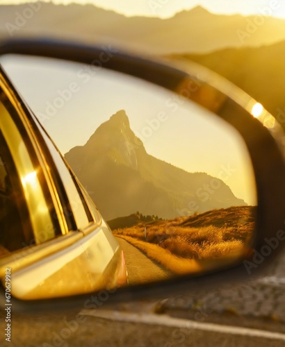 Mountains in car rearview mirror © D'Arcangelo Stock