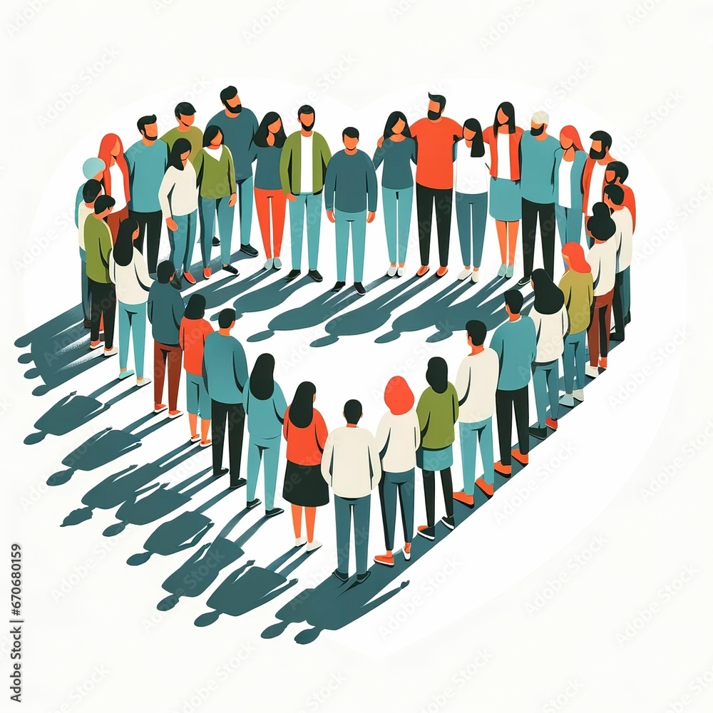 Diverse crowd, heart shape formation, diversity, inclusivity, equity, unity theme, isolated background, illustration, vector