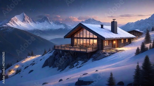 Winter skiing mountain cottage scene surrounded by snow covered in the Alps.