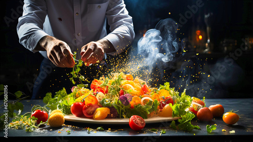 Culinary Artistry: Chef Creatively Arranging Scattered Vegetables on a Plate, Emphasizing Culinary Expertise and Aesthetic Food Presentation for Food Enthusiasts and Fine Dining Connoisseurs