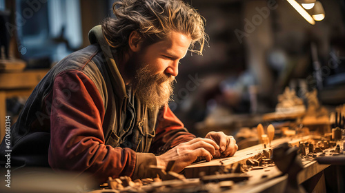 A person with a beard carving pieces of wood