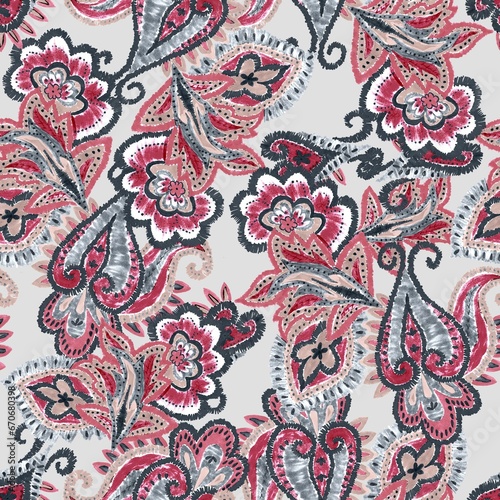 Watercolor paisley pattern, red and gray ornaments, gray background, seamless