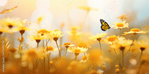 Butterfly hovering over vibrant yellow daisies in a natural setting