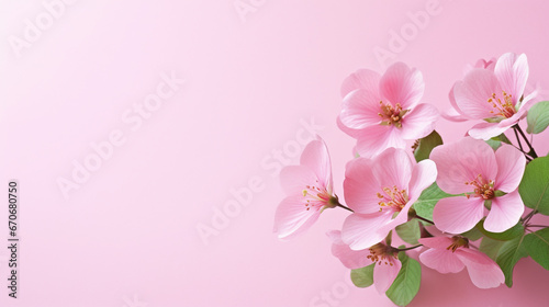 Pink anemones with green leaves on a pink background