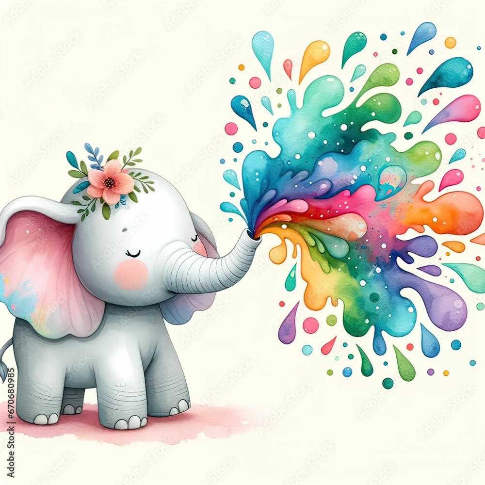 Elephant, center. Flower crown: pastel colors. Trunk: vibrant watercolor spray - blues, purples, pinks, yellows. Soft, whimsical feel. Contrast: realistic detail, abstract splash.
