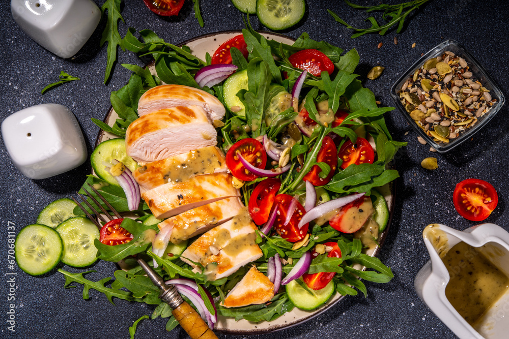 Grilled chicken breast fillet with vegetable salad