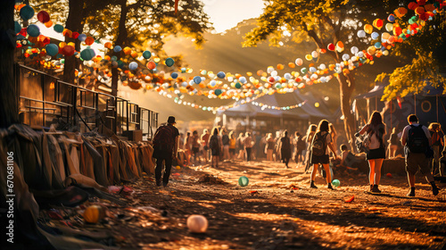 a crowd of people walking along a dirt road with colored light strings hanging above them photo