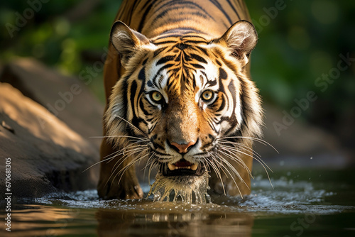 Majestic Asian Tiger Quenching Thirst in the Wild, Thirsty Tiger in Its Natural Habitat, A Close UP Shot of Asian Tiger Drinking water