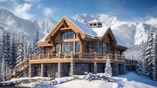 Snowy Mountain Retreat: Experience the charm of a cozy wooden house nestled under a blanket of snow in the mountains. Perfect for promoting ski vacations and winter getaways.