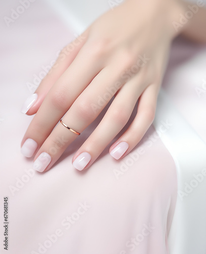 Hands with white pink manicure.