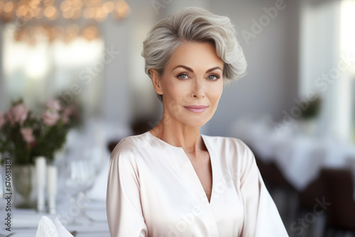 Elegant senior woman with grey hair smiling in a restaurant