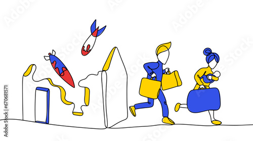 War. Rockets. Ruin. Refugees. People. Color vector