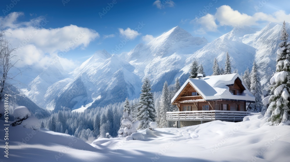 Snowy Mountain Retreat: Experience the charm of a cozy wooden house nestled under a blanket of snow in the mountains. Perfect for promoting ski vacations and winter getaways.