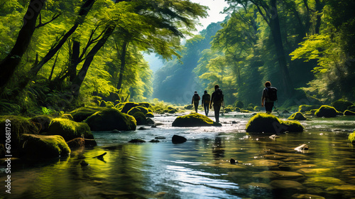 Immersive Nature Experience: People Walking through Crystal Clear Water in a Serene Forest Setting, Signifying Tranquility and Nature Exploration for Hikers and Outdoor Enthusiasts
