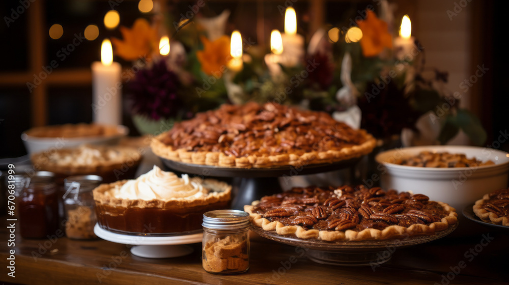 Freshly baked pies and desserts thoughtfully arranged for fall and Thanksgiving, invoking warm memories