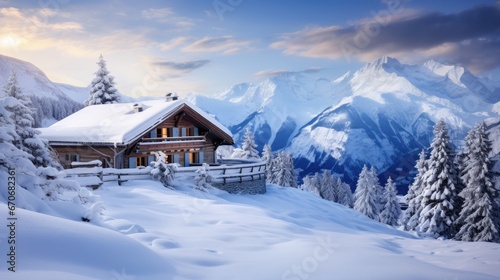 Snowy Mountain Retreat: Experience the charm of a cozy wooden house nestled under a blanket of snow in the mountains. Perfect for promoting ski vacations and winter getaways. © pvl0707