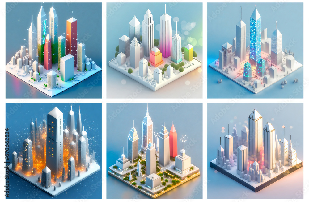 A set of AI generated isometric city with skyscrapers in a winter wonderland. Concept of Xmas in the city, urban winter season and holiday. A set of AI generated isometric city with skyscrapers in a winter wonderland. Concept of Xmas in the city, urban winter season and holiday.