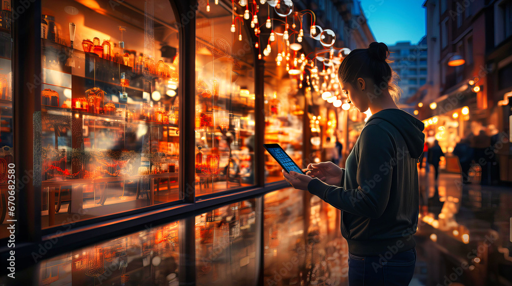 Woman holding a tablet computer while observing the street lights