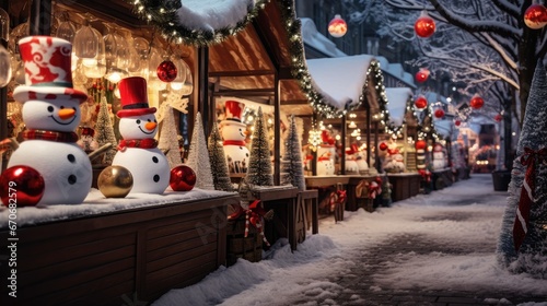 Winter Magic at the Christmas Market: Snowman toys and festive decorations bring holiday cheer to this bustling Christmas market, creating a whimsical and joyful winter wonderland © pvl0707