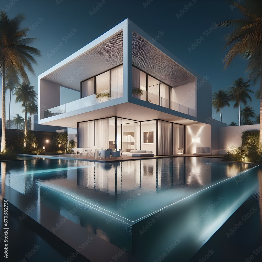 Experience the sleek and sophisticated exterior of a modern minimalist cubic villa, surrounded by lush palm trees and a sparkling swimming pool that invites you to dive in