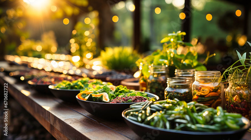 Outdoor dinner with vegetables on a wooden table