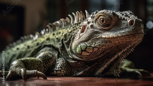 Close up of a green iguana on a wooden table in a zoo