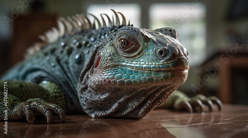 Green iguana on a wooden table, close-up, macro © John Martin