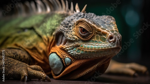 Closeup of a green iguana on a wooden table in a zoo © John Martin