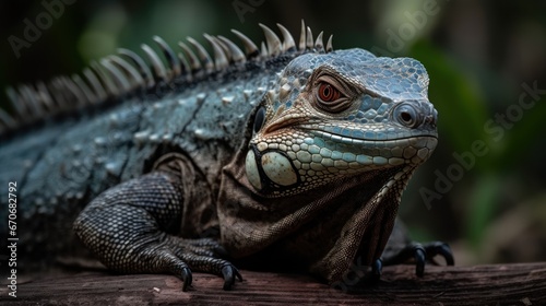Portrait of a green iguana on a log in the forest