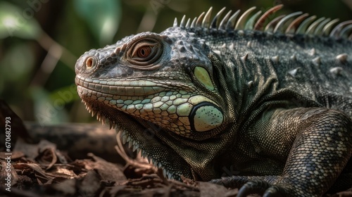 Close up of a green iguana in the rainforest of Costa Rica