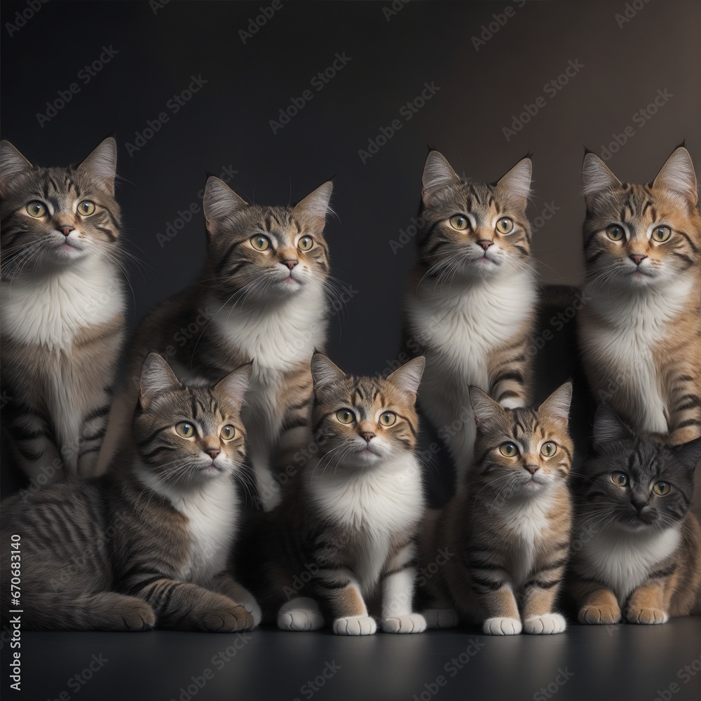 Studio image of large group of cats