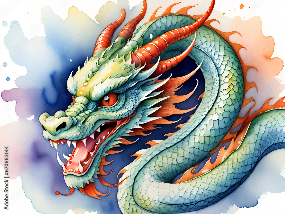 Obraz premium Chinese dragon. Fairytale monster. Watercolor illustration.