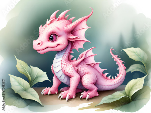 Cartoon pink baby dragon. Fairytale monster. Watercolor illustration.