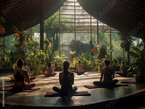 People making yoga at tropical open yoga centre in rainforest. 