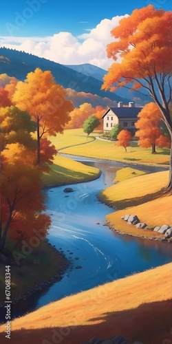 Beautiful fall landscape. AI generated illustration photo