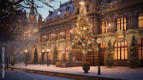 Admire the enchanting exterior Christmas decoration on this building  with a mesmerizing display of holiday lights and seasonal decor  creating a magical winter atmosphere.