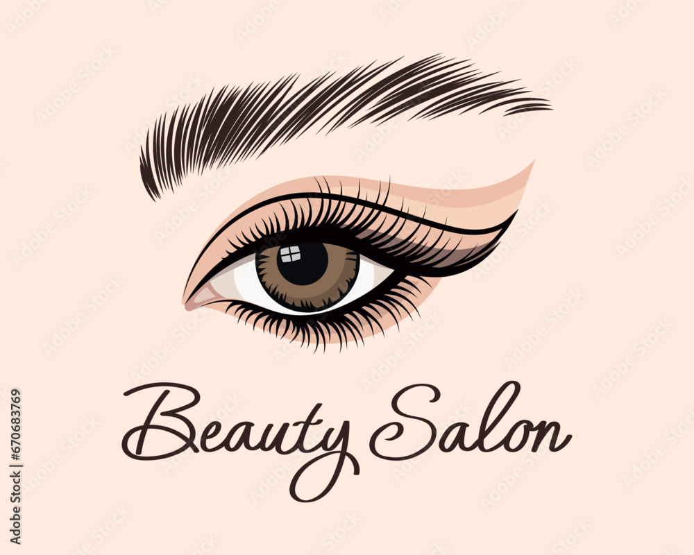 Female eye with long eyelashes and lettering Beauty salon. Female languid look. Beauty logo, print, vector Female eye with long eyelashes and lettering Beauty salon. Female languid look. Beauty logo, print, vector