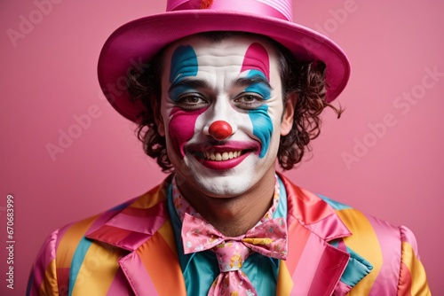 Funny laughing clown dressed in colorful clothes on colorful background. Generative Ai. © kapros76