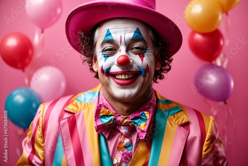 Funny laughing clown dressed in colorful clothes on colorful background. Generative Ai.