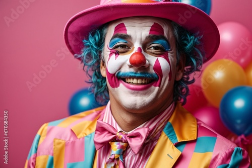 Funny laughing clown dressed in colorful clothes on colorful background. Generative Ai.