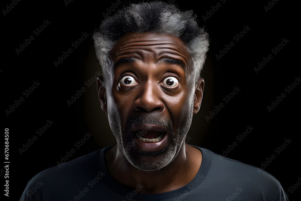 Surprised African American man on black background. Neural network generated image. Not based on any actual person or scene.
